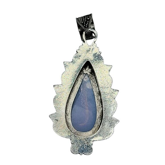 Boho-Style Opalite Teardrop Pendant Repousse Swirl Silver Plated Metal Setting - Picture 9 of 10